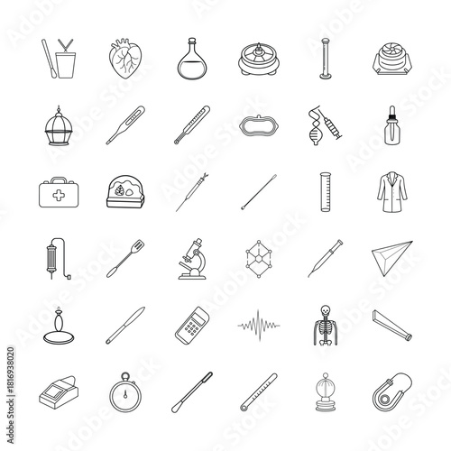 Essential science and healthcare equipment icon set designed for medical research and learning themes Vector illustration