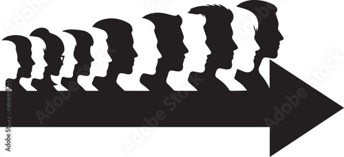 Silhouettes of people s heads forming a line on an arrow