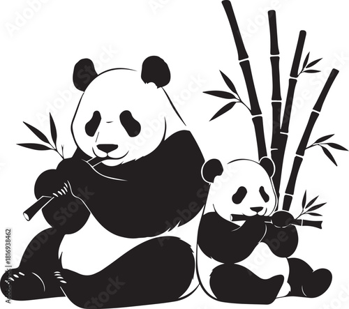 Adorable giant panda mother and cub enjoying fresh bamboo shoots together