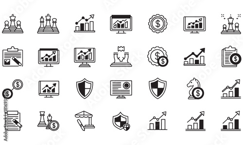 Business Strategy, Financial Analysis, and Security Icon Set