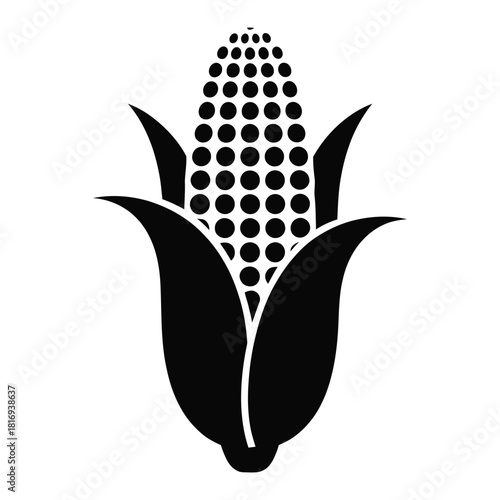 Black and white icon of corn cob with husk isolated on