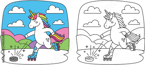 Coloring book page with cute unicorn on roller skates playing hockey. Vector illustration of a funny animal character doing sports for kids. Colored and outline version.