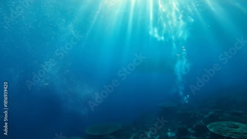 Wallpaper Mural Sunlight streams through ocean depths, creating a mesmerizing underwater spectacle of bubbles and shimmering light, perfect for conveying tranquility Torontodigital.ca