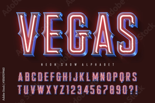 Retro neon alphabet design, cabaret, fairy Broadway lamps letters and numbers.