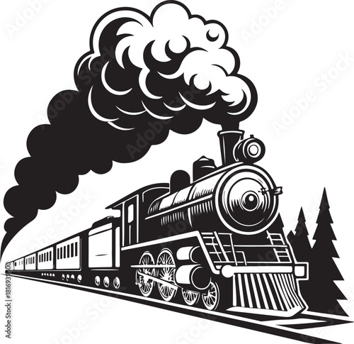 Silhouette of a vintage steam locomotive train with smoke billowing from the chimney on train tracks