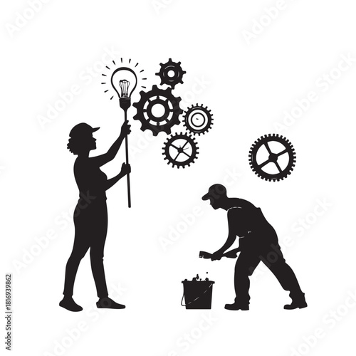 Silhouette of a woman holding a lightbulb and gears with a man painting a bucket vector