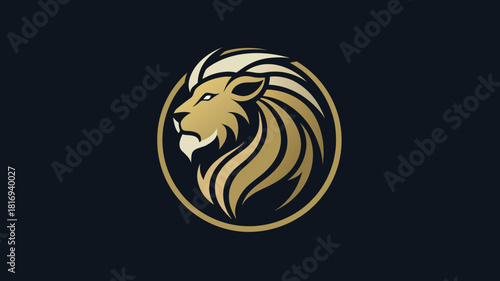 Majestic golden lion head emblem on dark background