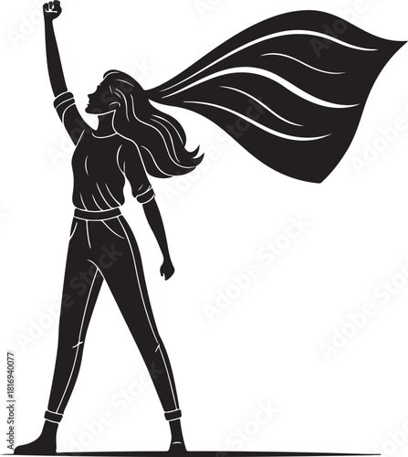 Silhouette of a woman with a flowing cape raising her fist in the air raised fist