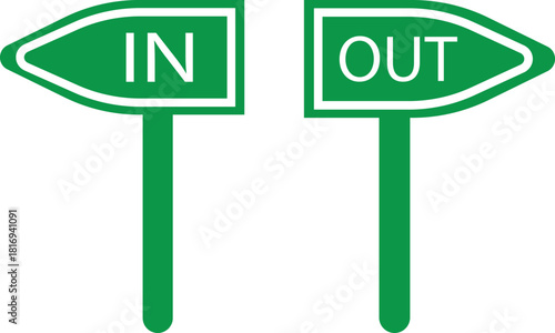 IN OUT Direction Road Sign Black Flat Style Icon Set Collection Group with Various Arrow Board Shapes and Synonym Elements for Navigation Entrance Exit Guidance Street Signal Vector