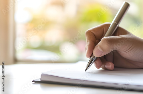 Close-up of a person's hand holding a pen, writing on a blank white paper.