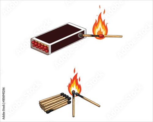 Burning Matches and Matchbox Illustration on Clean White Background