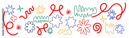 Playful Abstract Geometric Pattern Design in Bold Colors for Creative Projects and Modern Backgrounds Featuring Whimsical Shapes and Artistic Lines on a Clean White Backdrop