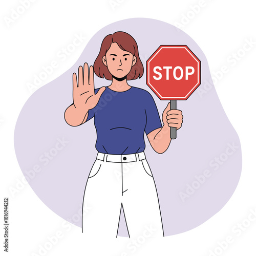 Woman Holding Stop Sign and Hand Gesture Signaling Prohibition