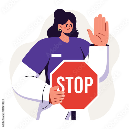 Woman Holding Stop Sign and Warning Hand Gesture