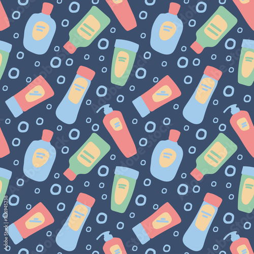 A seamless pattern of hair care products featuring bottles and blue bubbles of water or foam. Health care. Body care. Hair cosmetics. Vector background in a simple style.