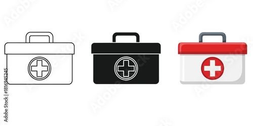 First aid kits in Three styles vector set line art, silhouette and color version