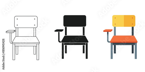 Student desk chair In Three styles vector set line art, silhouette and color version