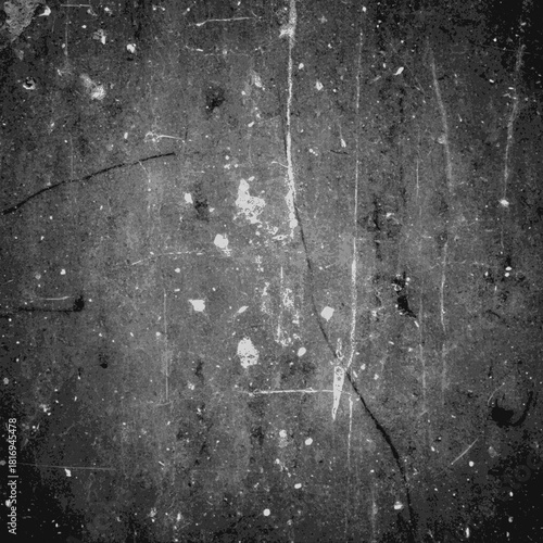 Black and white grunge texture, deeply distressed, with fine scratches, cracks, and speckles of dust and dirt. Dark and moody aesthetic.