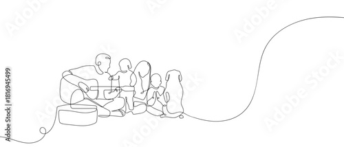 A family is having a picnic, playing music in one continuous line. one line vector illustration Editable stroke.