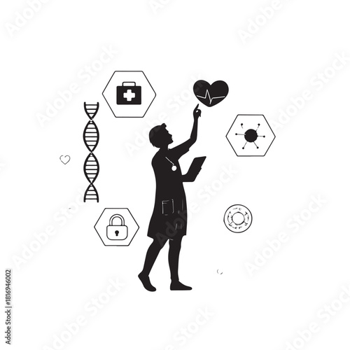 Silhouette of doctor interacting with medical icons D N A heart pulse lock and molecule doctor silhouette