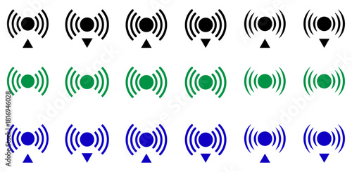 Clean wireless signal icon set showing multiple connectivity levels in black, green, and blue. Ideal for network, wifi, communication, coverage, router, 
