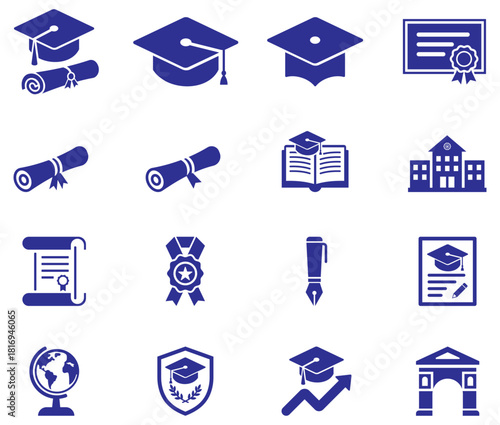 Blue education icon set featuring graduation caps, diplomas, certificates, school building, study book, medal, pen, shield, globe, and growth chart. Clean symbols ideal for academic and learning theme