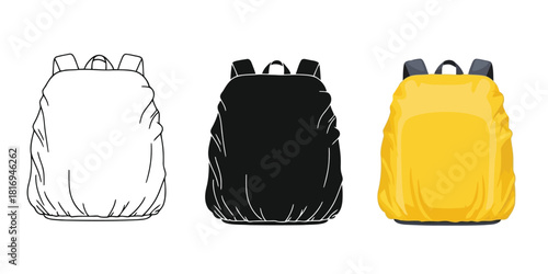 Backpack rain covers in Three styles vector set line art, silhouette and color version for outdoor adventures