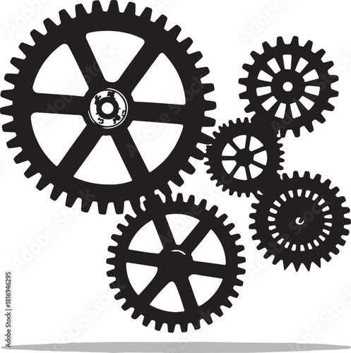 Silhouette of Interlocking Gears and Cogs on White Background Keywords: gears, cogs, machinery, mechanical, engineering, industry, technology, silhouette, black and white, industrial, design