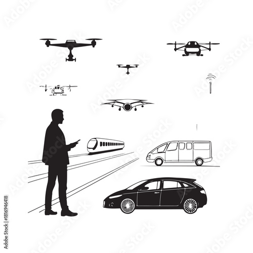 Silhouette of man with smartphone surrounded by various transportation drones train van and car quadcopter