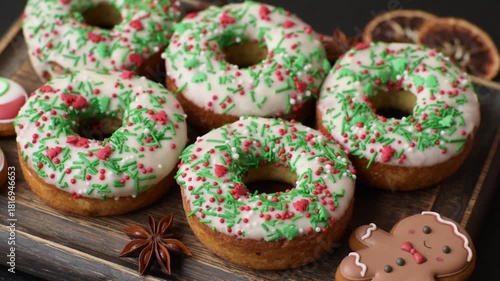 Wallpaper Mural Christmas donuts or doughnuts, holiday winter sweets with sprinkles. Christmas donuts Torontodigital.ca