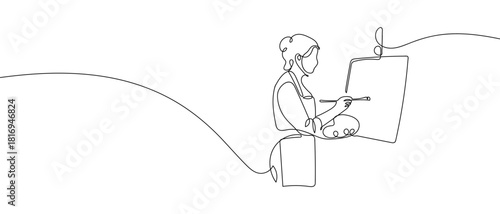 Woman drawing a picture, painter, in one continuous line. one line vector illustration Editable stroke.