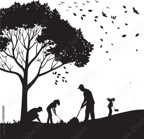 Silhouette of people planting trees with birds and falling leaves Keywords: silhouette, planting, trees, people, man, woman, child, shovel, gardening, nature, conservation, environment, growth