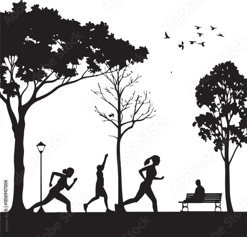 Silhouette of people running and sitting in a park with trees and a lamppost Keywords: people, running, jogging, park, silhouette, trees, lamppost, bench, sitting, exercise, fitness, outdoors