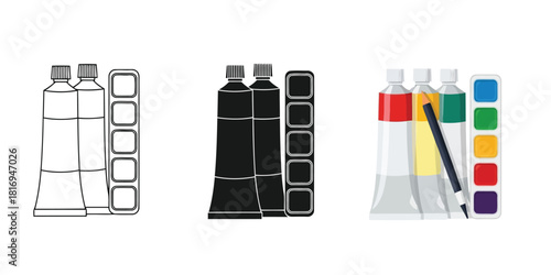 Paint tubes and watercolor In Three styles vector set line art, silhouette and color version for creative expression and artistic endeavors 