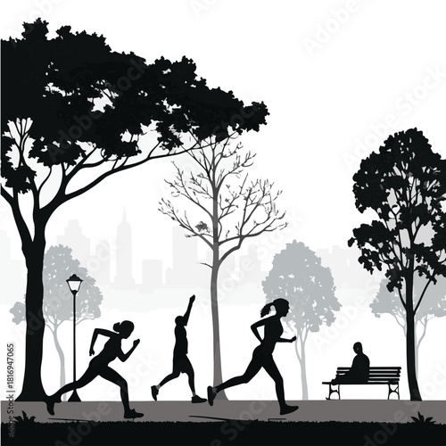 Silhouette of people running in a park with a city skyline in the background Keywords: people, running, jogging, park, silhouette, trees, lamppost, bench, sitting, exercise, fitness, outdoors