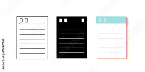 Representations of a notepad In Three styles vector set line art, silhouette and color version