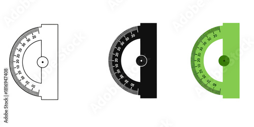 Protractors in Three styles vector set line art, silhouette and color version, displaying degree measurements