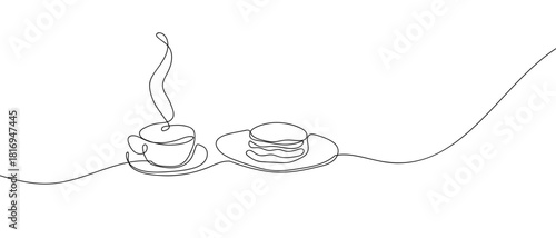 Coffee cup and pancakes in one continuous line. one line vector illustration Editable stroke.