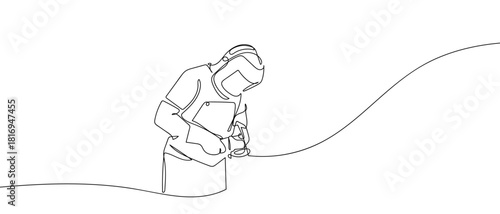 The technician is cutting and welding steel in one continuous line. one line vector illustration Editable stroke.