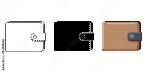 Wallets in Three styles vector set line art, silhouette and color version, realistic brown leather wallet with button