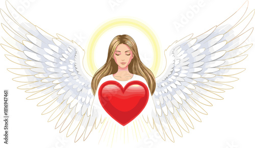Graceful heavenly angel illustration with detailed wings and flowing white robe expressing peace, purity, and divine spiritual protection
