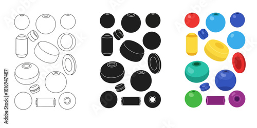 Colorful beads collection In Three styles vector set line art, silhouette and color version perfect for jewelry making and creative craft projects
