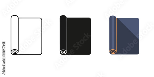  Yoga Mat icons set In Three styles vector set line art, silhouette and color version for exercise, meditation, and relaxation, in various styles