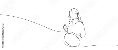 Pregnant woman holding a bottle of pills in one continuous line. one line vector illustration Editable stroke.
