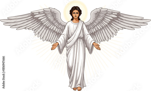 Graceful heavenly angel illustration with detailed wings and flowing white robe expressing peace, purity, and divine spiritual protection