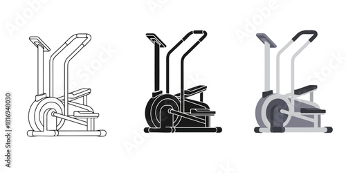 Elliptical Trainers in Three styles vector set line art, silhouette and color version three for fitness equipment