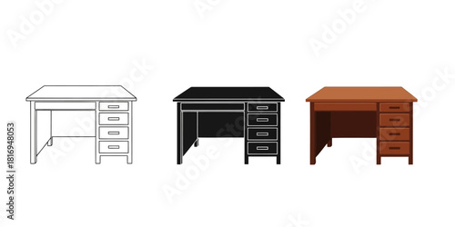 Desk In Three styles vector set line art, silhouette and color version showcasing different design styles and perspectives