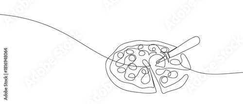 A pizza cutter is cutting a pizza in one continuous line. one line vector illustration Editable stroke.