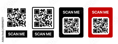 Scan QR code icon. QR code scan icon with smartphone sign. QR code for payment. QR code symbol with the inscription _scan me_ - stock vector.