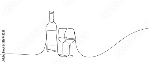 A bottle of wine and two wine glasses in one continuous line. one line vector illustration Editable stroke.